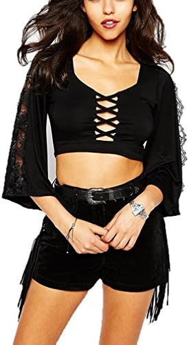 Oure Women Retro Cross Hollow Chest Flared Sleeve Crop Top Sexy Top XXs