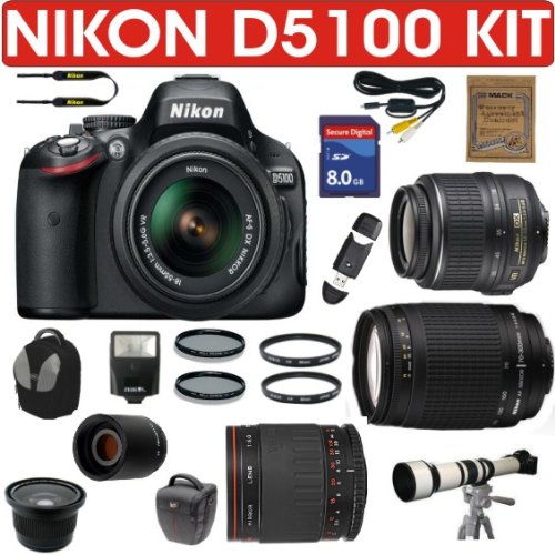 BRAND NEW NIKON D5100 (IMPORT) + NIKON 18-55mm VR LENS + NIKON 70-300mm G ZOOM LENS + VIVITAR 500mm MIRROR LENS + 2X TELECONVERTER LENS + .40X SUPER WIDE ANGLE FISHEYE LENS + 650-1300mm Zoom Lens + 8GB HIGH SPEED MEMORY CARD CLASS 10 + MACK 3 YEAR WORLDWIDE WARRANTY