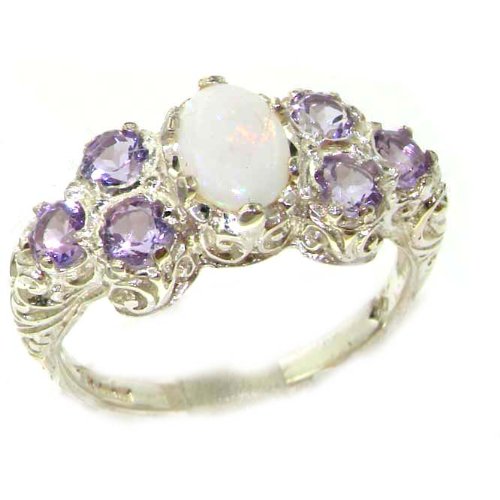 Solid English Sterling Silver Womens Large Opal & Amethyst Art Nouveau Ring - Finger Sizes 5 to 12 Available