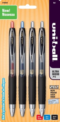 uni-ball 207 Retractable Ultra Micro Point Gel Pens, 4 Colored Ink Pens