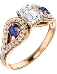 14K Rose Gold Emerald Cut Diamond and Tanzanite Ring -- LIFETIME WARRANTY