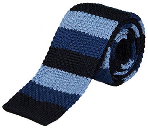 Tigre Amore Men's Skinny Knit Tie Border Patterned Navy Blue Lightblue