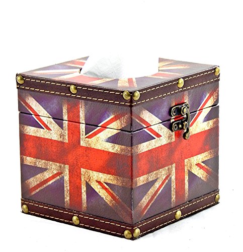 Vintage Style Union Jack Design Square Wood Facial Tissue Box Cover / Tabletop Napkin Holder