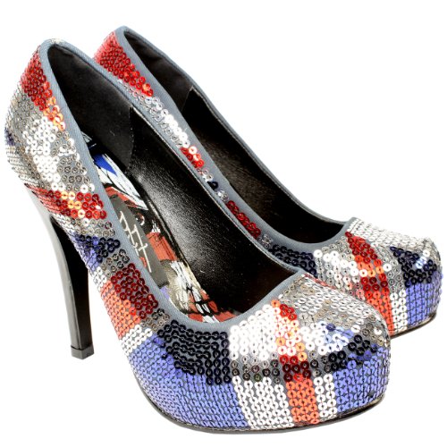 Womens Iron Fist Jacked Up Union Jack High Heel Sequin Court Shoes Blue