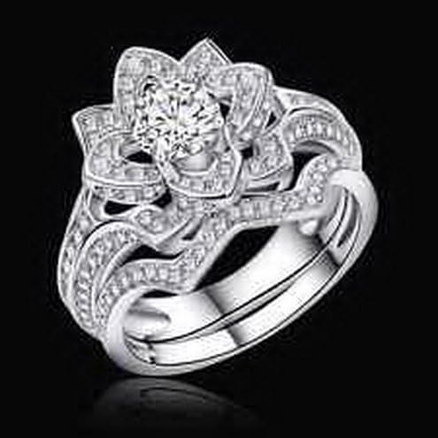 Metal Jewellery Women's Flower CZ 925 Sterling Silver Wedding Band Engagement Ring Set Size 8