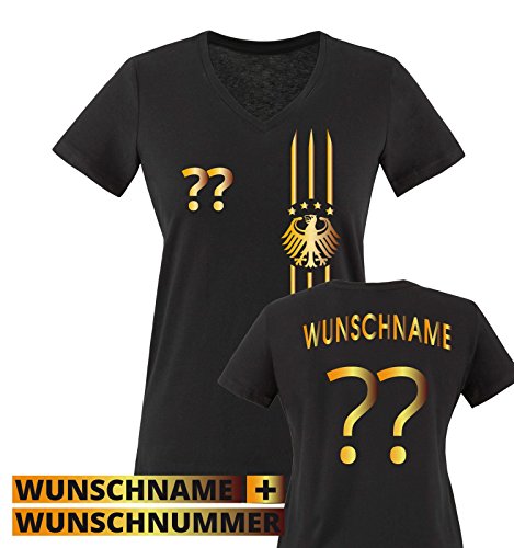 TRIKOT – MOTIV1 – DE – WUNSCHDRUCK – Damen V-Neck T-Shirt – Schwarz / Gold Gr. L