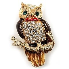 "Eulen" Brosche mit roter Schleife und Strass (Goldfarben)
