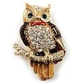"Eulen" Brosche mit roter Schleife und Strass (Goldfarben)