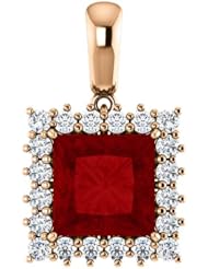 10K Rose Gold 8.00x8.00mm Princess Cut Chatham Created Ruby and Diamond Pendant -- LIFETIME WARRANTY
