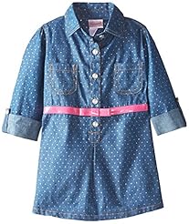 Girls Striped Print Long Sleeves Denim/Polyester/Rayon/Spandex Belted Pleated Beaded  Shirt  Dress