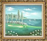Beachside Golf Course Oil Painting, with Ornate Antique Dark Gold Wood Frame 26 x 30 inches