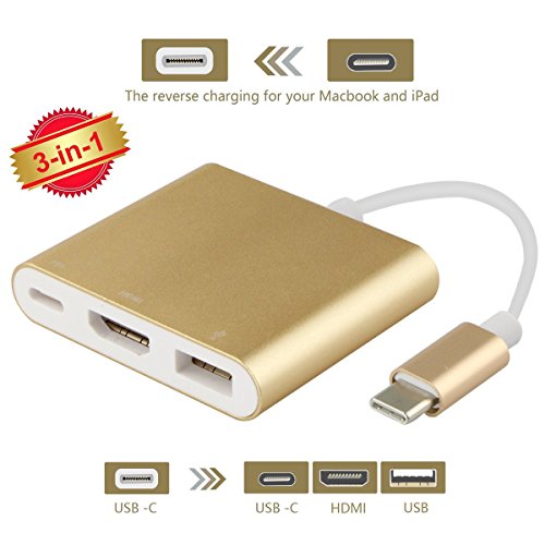 USB-C To HDMI Adapter,ProCIV Type-C 3in1 USB 3.1 USB-C to USB 3.0/4Kx2K HDMI/ Type C Female Charger Adapter for 2015 Macbook 12in,Google Chromebook Pixel and other Type C devices(Gold)