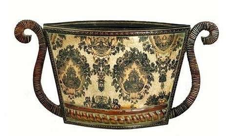 New Small Boat Urn Wood & Metal with Green Brocade and Rattan Trim