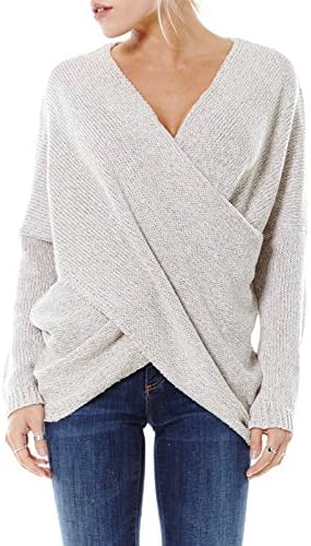 Womens Casual Long Sleeve Overlap Pullover Sweater (Medium, Oatmeal)