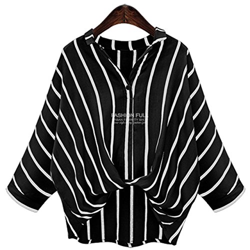 (Goldjapan)ゴールドジャパン 大きいサイズ 大きいサイズ レディース 大人 デザイン ストライプ柄 フロント バルーン ドレープ プルオーバー トップ シャツ ブラウス 体型カバー
