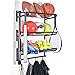 Sports Equipment Storage Rack for Baseball/Basketball/Football/Badminton/Golf/Yoga/Exercise Balls - Four Badminton Tennis Hold - 3 Separate Storage Rack - 4 Hooks for Fences and Concrete
