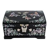 Mother of Pearl Butterfly Asian Lacquer Black Wooden Mirror Jewelry Trinket Keepsake Treasure Gift Girls Jewel Ring Box Chest Case Organizer with Arabesque Design