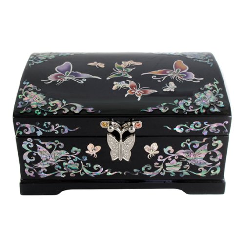 Mother of Pearl Butterfly Asian Lacquer Black Wooden Mirror Jewelry Trinket Keepsake Treasure Gift Girls Jewel Ring Box Chest Case Organizer with Arabesque Design