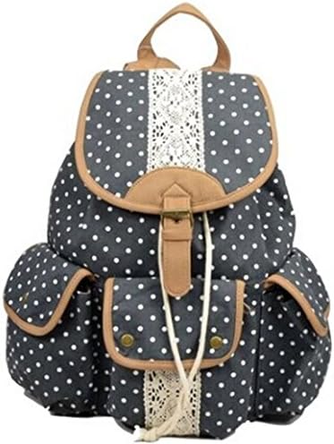Tai523 Multi-function Practical Large Capacity Leisure Outdoor Canvas Polka Dot Rucksack Backpack Campus Tote Handbag Satchel Campus Computer Travel Book Bag Schoolbag for Teen Girls / College Student (Navy-blue)
