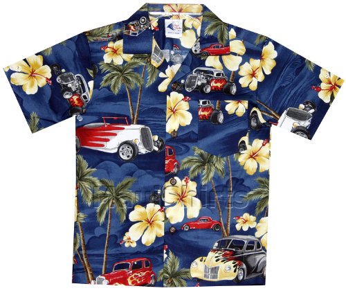 Hibiscus Drag Racers Boys Hawaiian Aloha Cotton Shirt