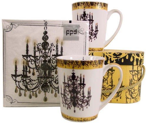 Baroque Chandeliers Black White Napkins and Mug Gift set 2 Tall Porcelain Mugs in Carrying Case