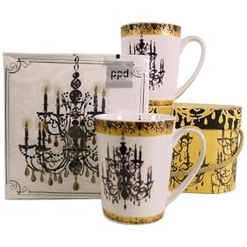 Baroque Chandeliers Black White Napkins and Mug Gift set 2 Tall Porcelain Mugs in Carrying... by PPD