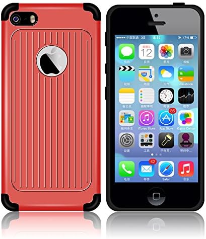 iPhone 5S case , ZCGYLP (Stripe Series) Anti-Shock Bump Proof Drop Protection Protective Armor Case Double-Layer Hybrid Defender Cover for Apple iPhone 5S (Red)