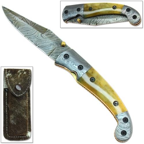 Ace of Spades Damascus Steel Folding Knife Bone Handle Super Sharp