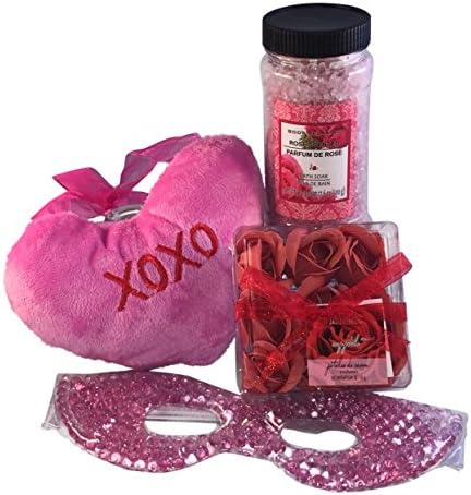 Mother's Day Bath Gift Bundle For Her - Bath Salts, Soap Petals, Eye Mask and Hugs &amp; Kisses Plush Door Hangar for Mom, Daughter, Sister, Friend