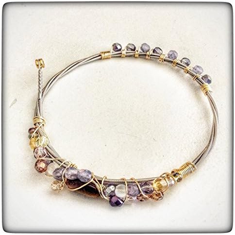 Musically Inspired Wire Wrapped Guitar String Bangle Bracelet - Czech Crystal - Tigers Eye - Collectable - Stackable - Vegan - Eco Friendly - Ready to ship