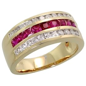 14k Yellow Gold 5/16" (8mm) wide Band, w/ 0.56 Carat Brilliant Cut Diamonds & 0.88 Carat Princess Cut Ruby Stones
