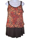 Womens Plus Size Tankini Skirtini Swimsuit - Orange & Brown Geo Print
