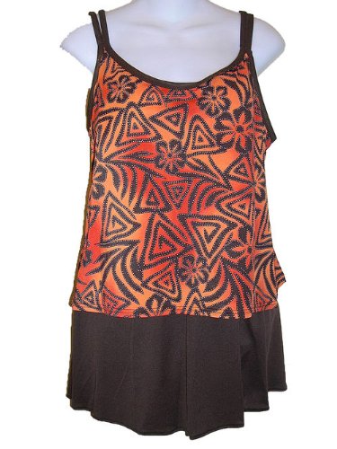 Womens Plus Size Tankini Skirtini Swimsuit - Orange & Brown Geo Print product image