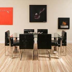 Dining Set Glass Chrome Table + 6 black Modern Chairs