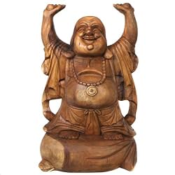 Handcarved Wood Standing Happy Buddha Statue