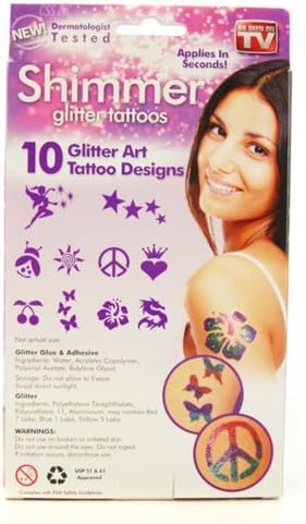 Shimmer Body Art Glitter Tattoo Kit (Water-Proof) with 10 Glitter Tattoo Stencils, Body Glue, Brush & Body Glitter (As Seen ON TV) Dermatologiest Tested on Arms, Backs, Faces...- Applies in Seconds & Lasts Up To 7 Days! Butterfly, Sun, Heart, Crown, Flower, Cherry, Stars, Peace Symbol Stencils