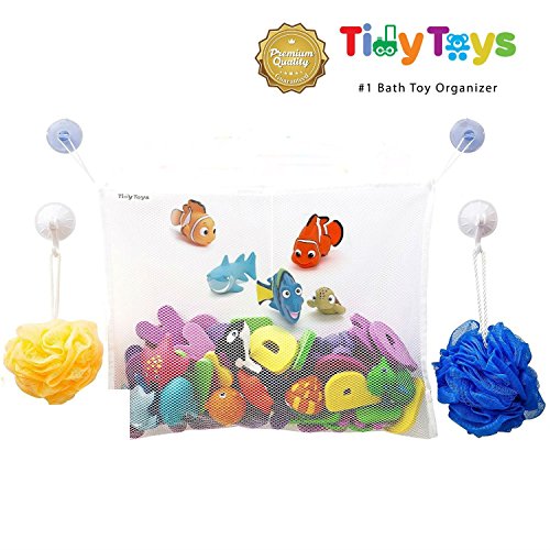 #1 Rated Bath Toy Organizer + 2 Bonus Strong Grip Lock Suction Hooks (White)