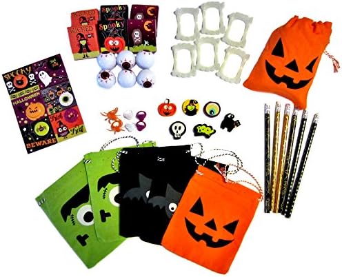 Goody Bags for Kids - Halloween Decorations - 48 Piece Variety Pack - 6 Burlap Party Favors Bags w/ Pencils, Erasers, Rings, Eyeballs, Sticker Sheets, Vampire Teeth, Buttons - Halloween Party Pack