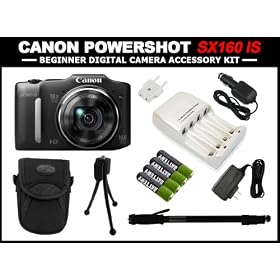 Powershot SX160 IS Point and Shoot Digital Camera (Black) + Charger includes 4 Batteries + Case + Tripod + Monopod