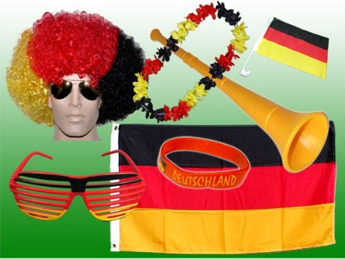 Fanpaket WM 2010 Deutschland Set Autoflagge Afro Perücke Blumenkette Armband Vuvuzela Flagge Fahne