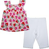 カーターズ（Carter's）女の子用ピンクストロベリー柄フレンチスリーブチュニック&ホワイトパンツ上下2点セットアップ 3months 3ヶ月用　55-61cm いちご柄半袖トップス,白コーデパンツ