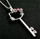 Trendy Pink Kitty Key Charm Necklace X-Long Chain Silver