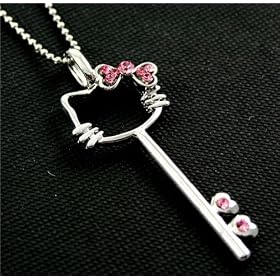 Trendy Pink Kitty Key Charm Necklace X-Long Chain Silver