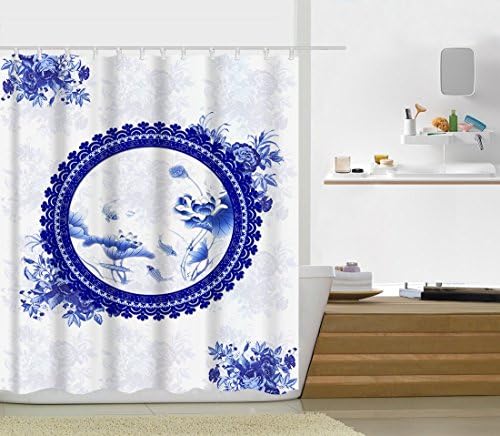 Elegant Navy Blue and White Ceramic Art Design Bathroom Curtains Partition Cloth Door Shower Decor Waterproof Shower Curtains Happy birthday Gift 72"x72"