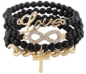 Ladies Glossy Black & Gold with Clear Iced Out Infinity Sign Charm with Script Love Cross & Chain Bundle Stretch Bracelet