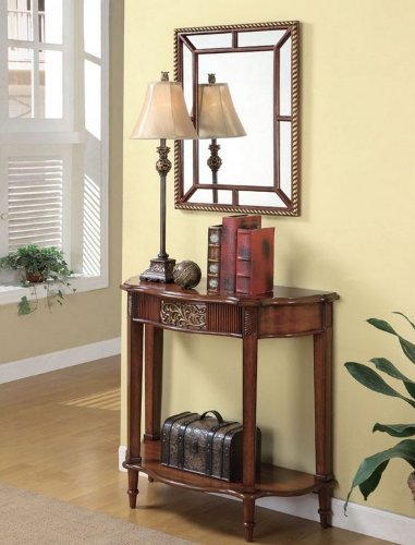 3pc Entry Way Console Table - Mirror and lamp Set in Warm Brown Finish