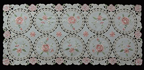 Creative Linens Embroidered Pink Rose Daisy Floral Table Runner Dresser Scarf 15x33 Ivory Spring