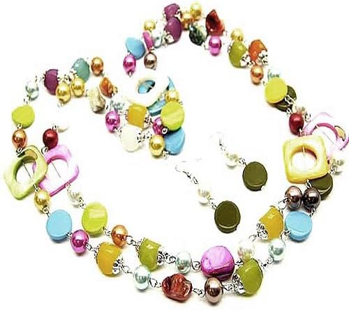 Long 56 Inch Multicolor Faux Pearl and Shell Beaded Necklace Set