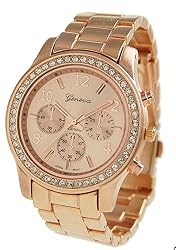 Geneva Rose Gold Plated Classic Round CZ Ladies Boyfriend Watch