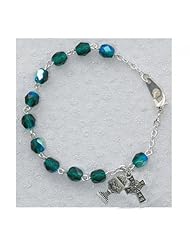 Great for First Communion, 6.5" Rosary Girls Bracelet, Silver Tone & Emerald Green Irish Theme with Round Miraculous Medal & Celtic Cross Charms.